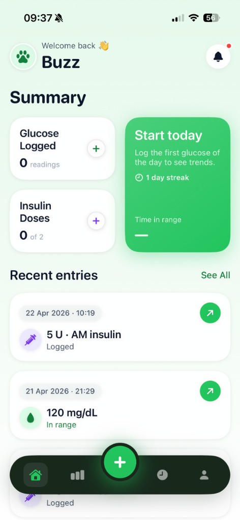 CarePaws Today tab: welcome, summary cards, recent glucose and insulin entries, and tab bar