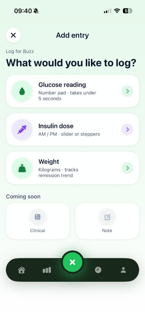 CarePaws Add entry: glucose, insulin, and weight options for Buzz