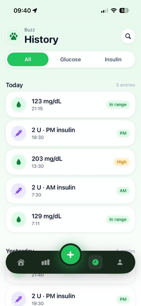CarePaws History: filterable list of glucose and insulin entries